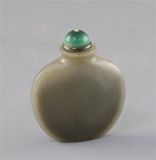 A Chinese grey jade snuff bottle, 19th century, 5.7cm excluding silver and malachite stopper
